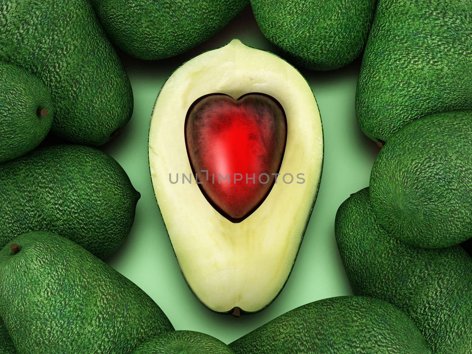 Heart shaped avocados isolated on white background. 3D illustration.
