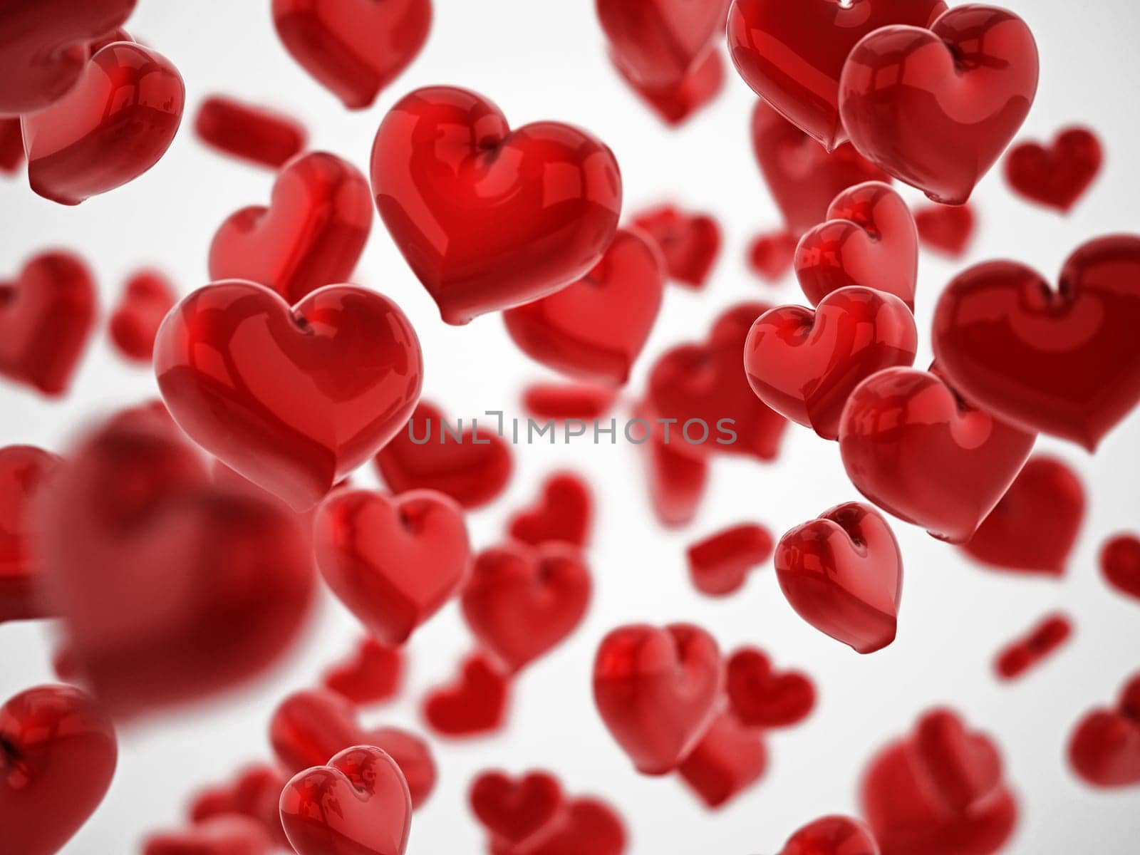 Falling hearts background with DOF effect. 3D illustration.