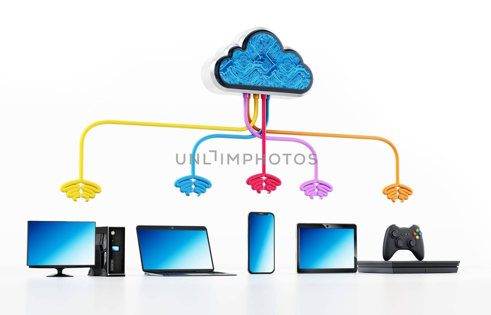 Cloud computing diagram with various connected device.. 3D illustration.
