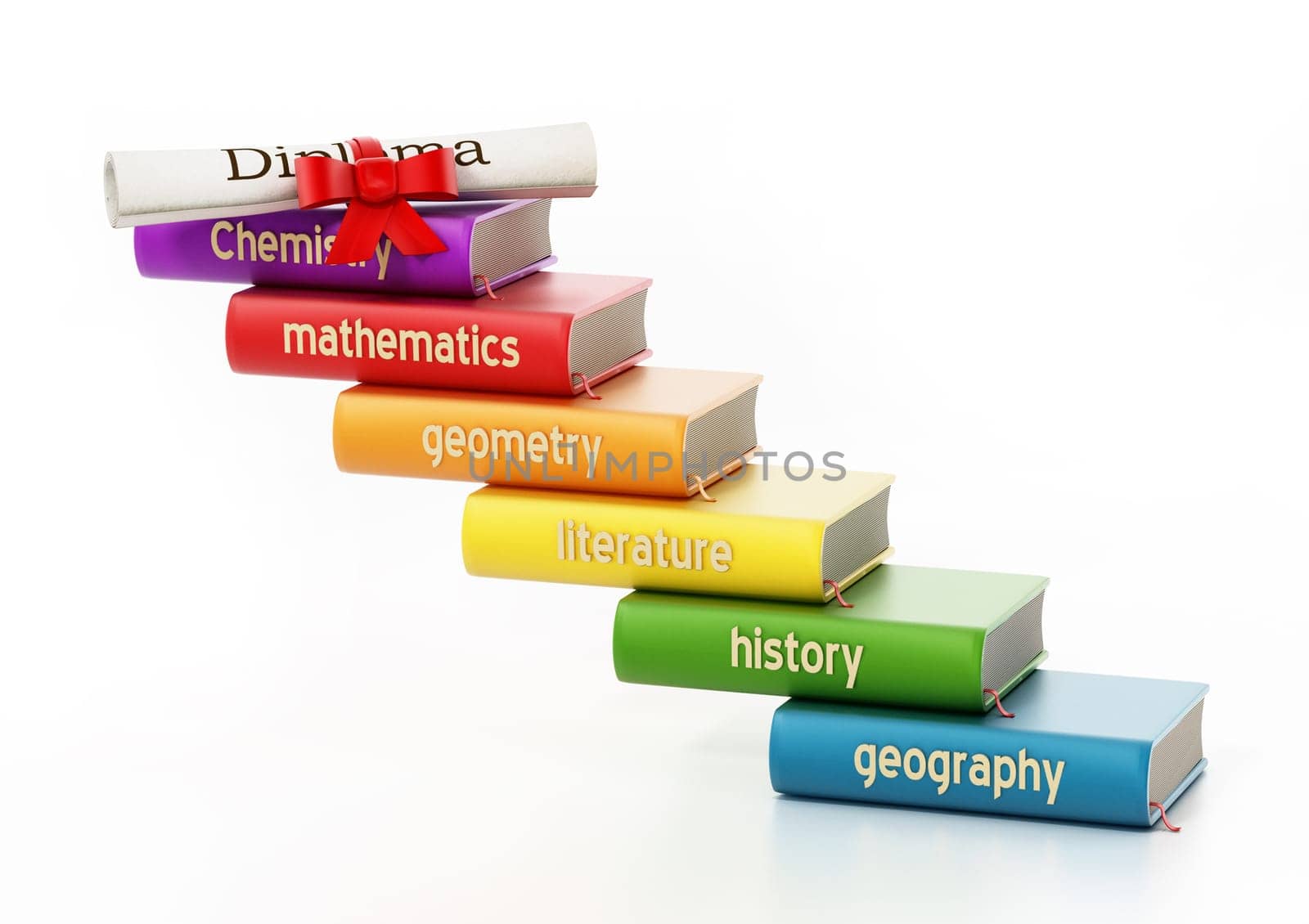 School course books forming a staircase through a diploma. 3D illustration.