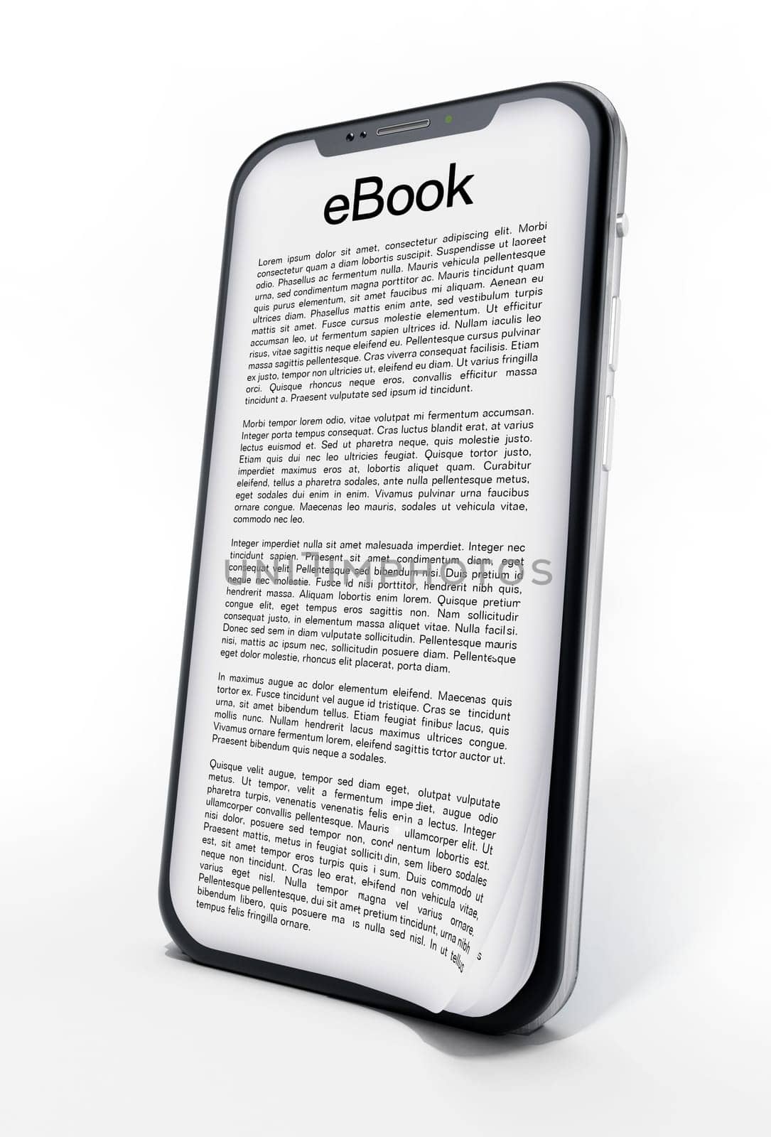 Book page on smartphone screen isolated on white background. 3D illustration.