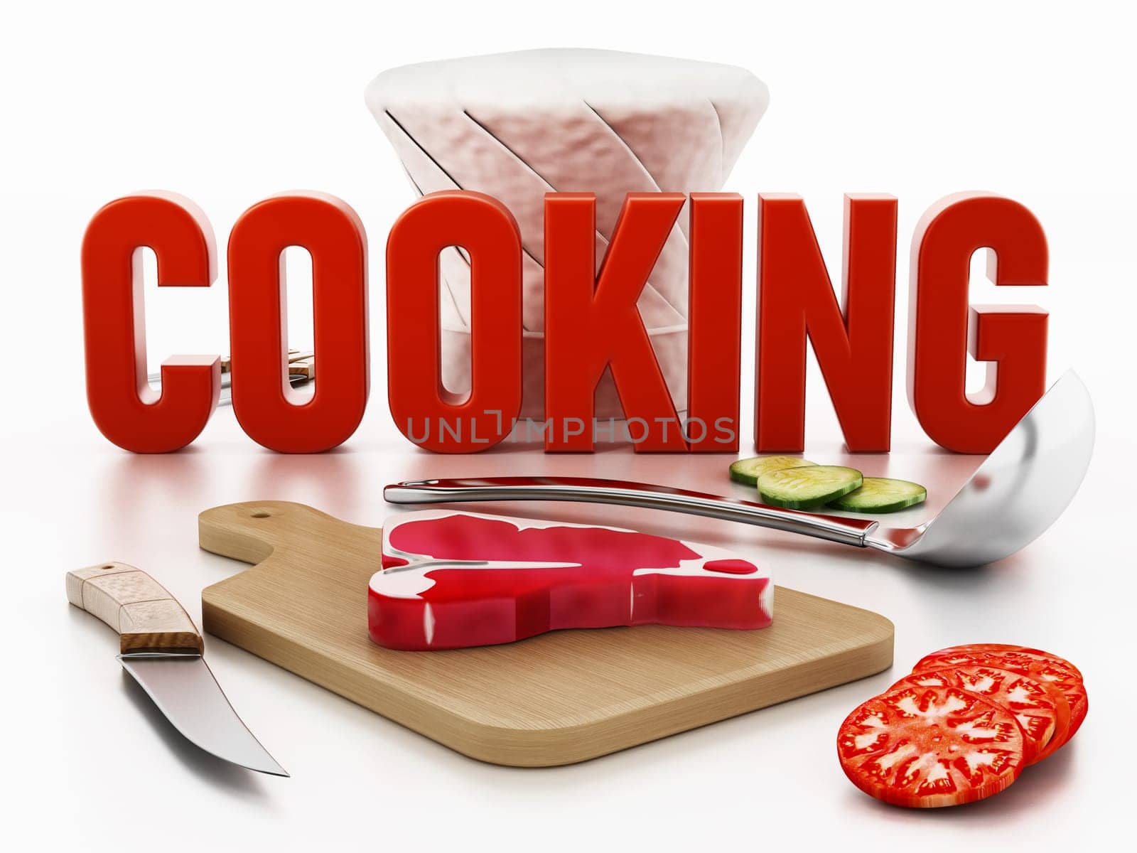 Chef's hat, cutting board, knives and vegetable slices. 3D illustration.