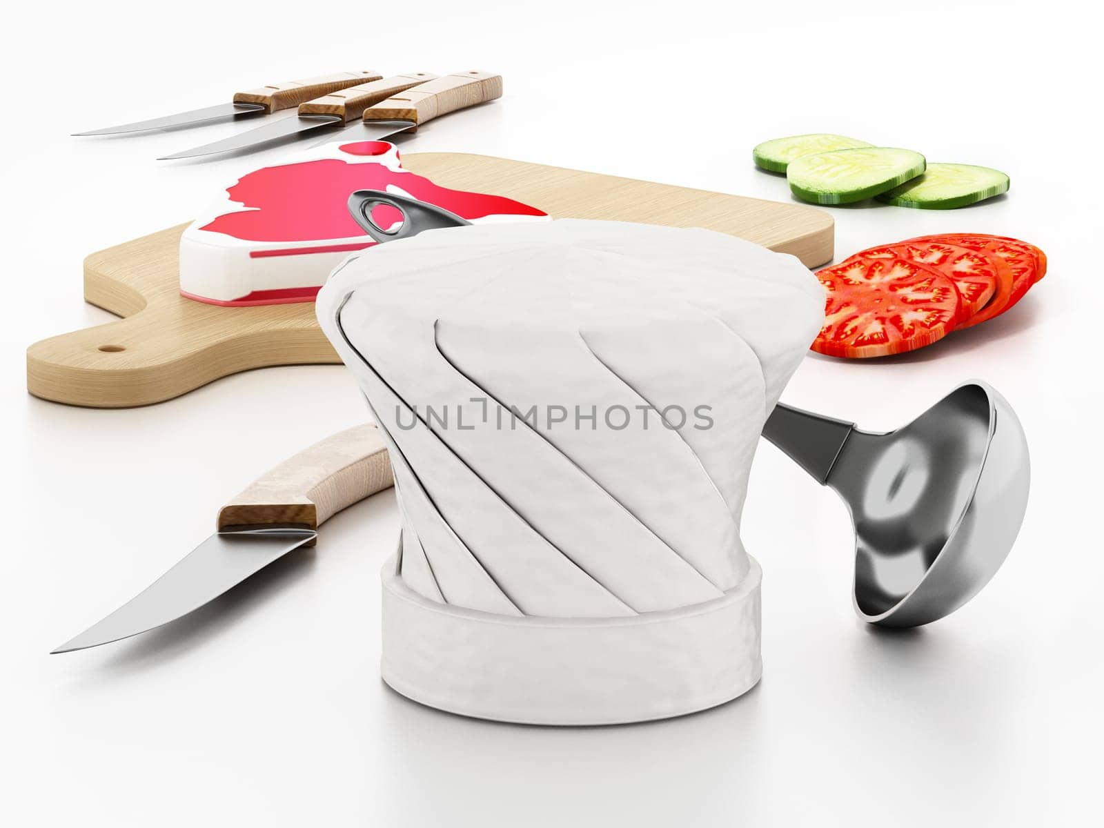 Chef's hat, cutting board, knives and vegetable slices. 3D illustration.