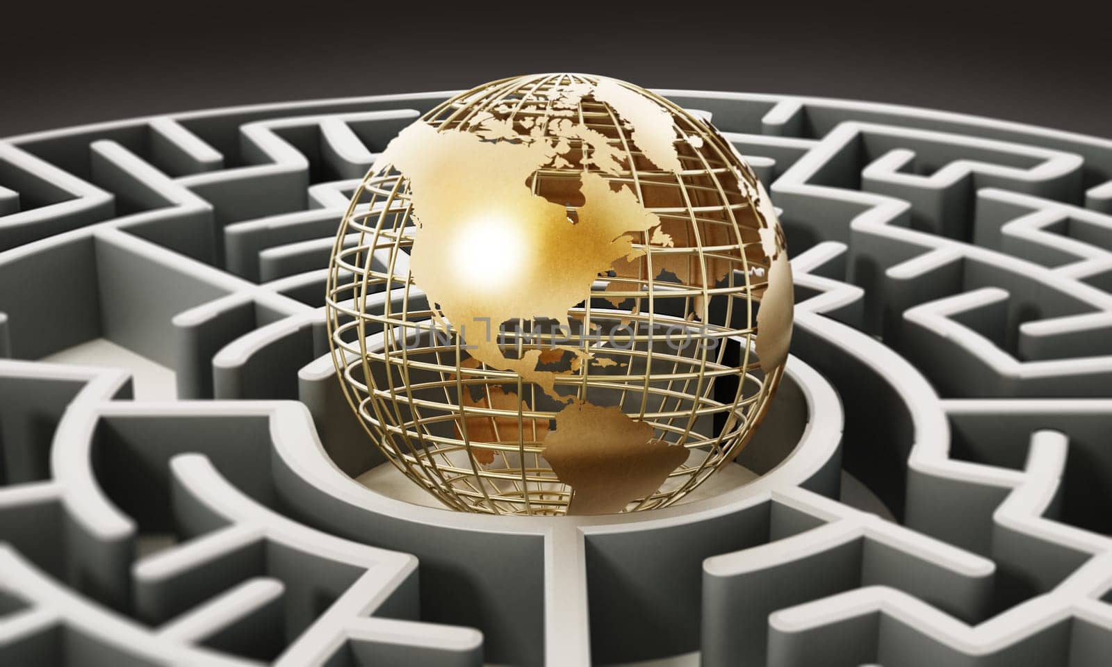 Wire earth standing at the center of the round maze. 3D illustration.