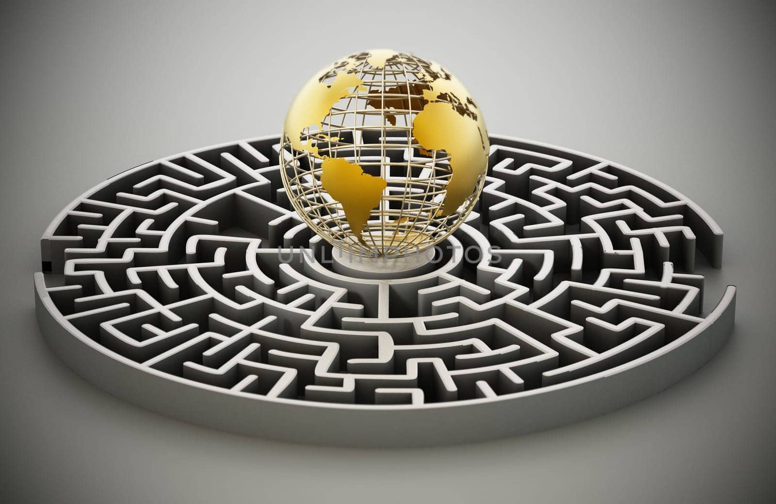 Wire earth standing at the center of the round maze. 3D illustration.