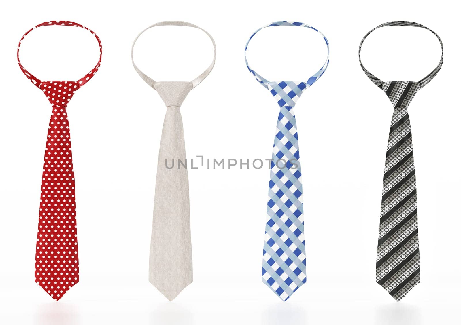 Set of neckties with various textures. 3D illustration.