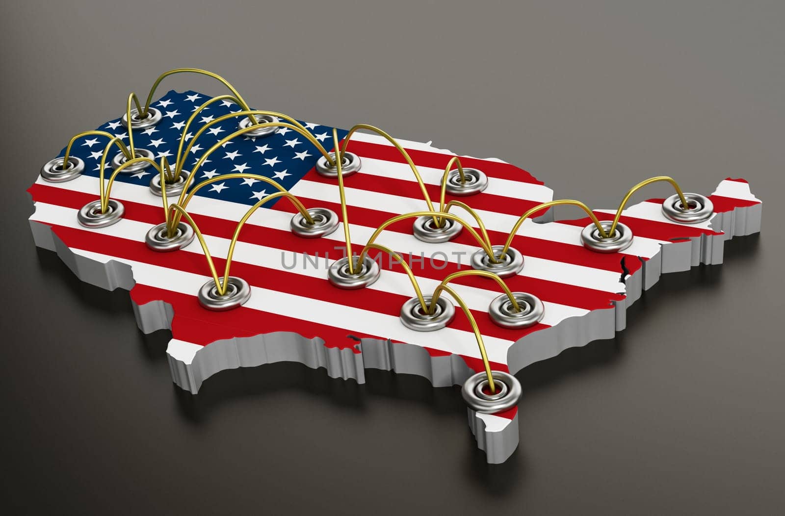 Network of travel points on usa map. 3D illustration.