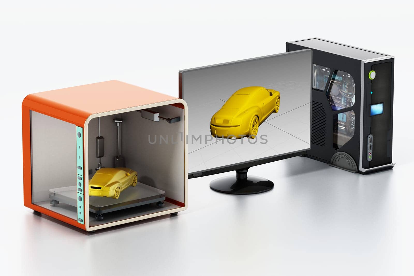3D printer, desktop computer and screen isolated on white background. 3D illustration.