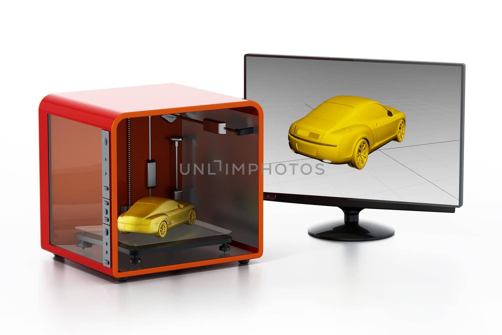 3D printer, desktop computer and screen isolated on white background. 3D illustration.
