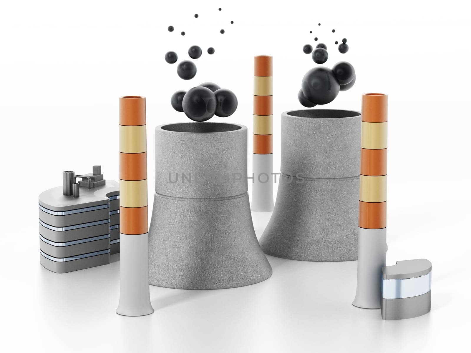 Nuclear plant isolated on white background. 3D illustration.
