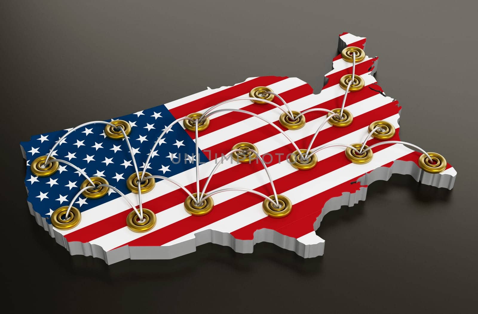 Network of travel points on usa map. 3D illustration.