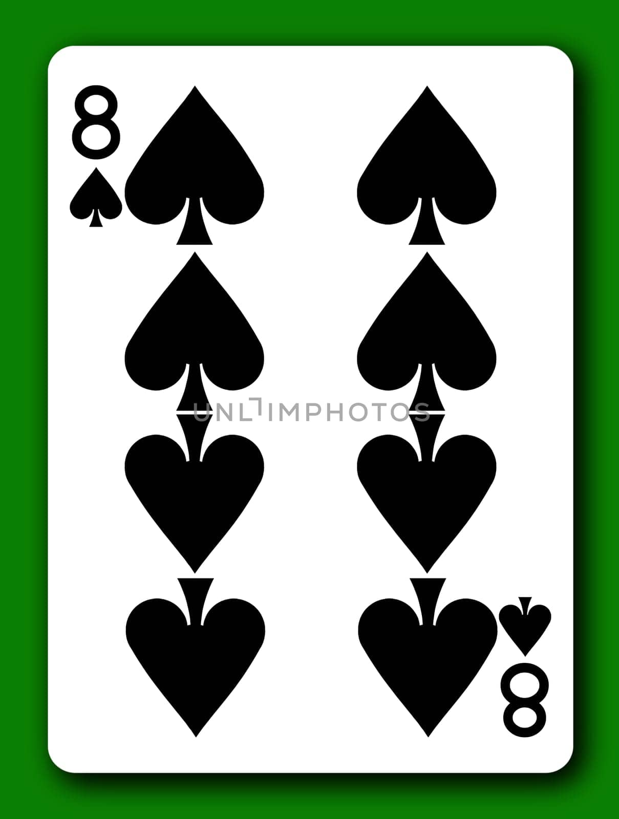 An 8 Eight of Spades playing card with clipping path to remove background and shadow 3d illustration
