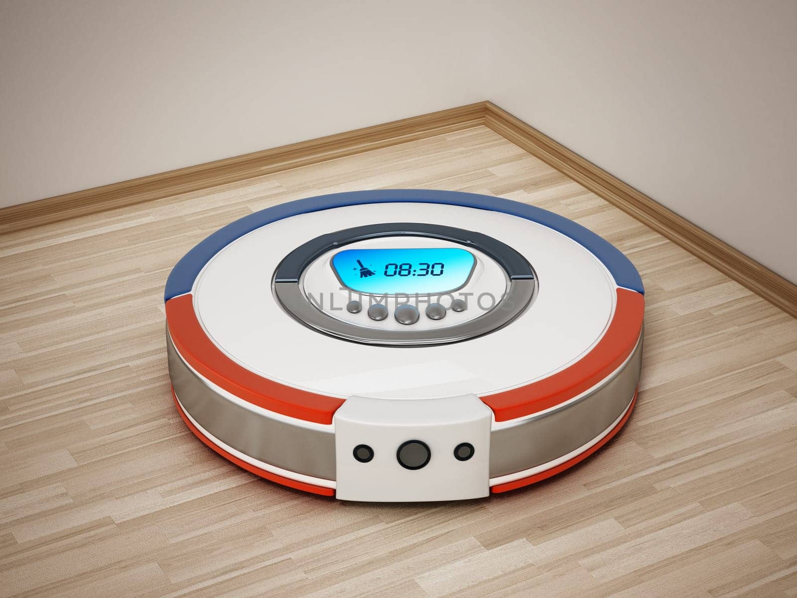 Automated vacuum cleaner on wooden floor. 3D illustration.