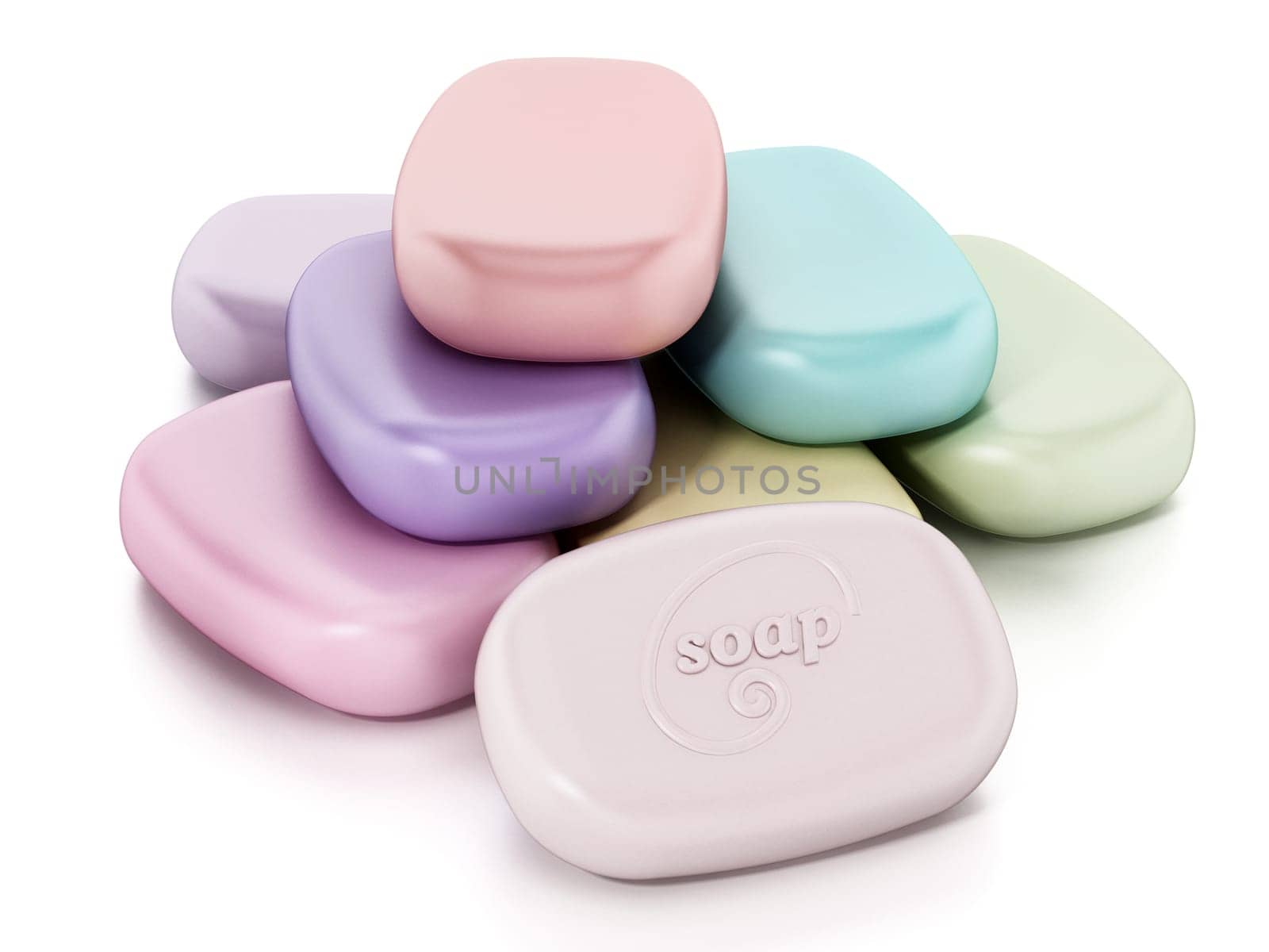 Stack of colorful generic soaps isolated on white background. 3D illustration.