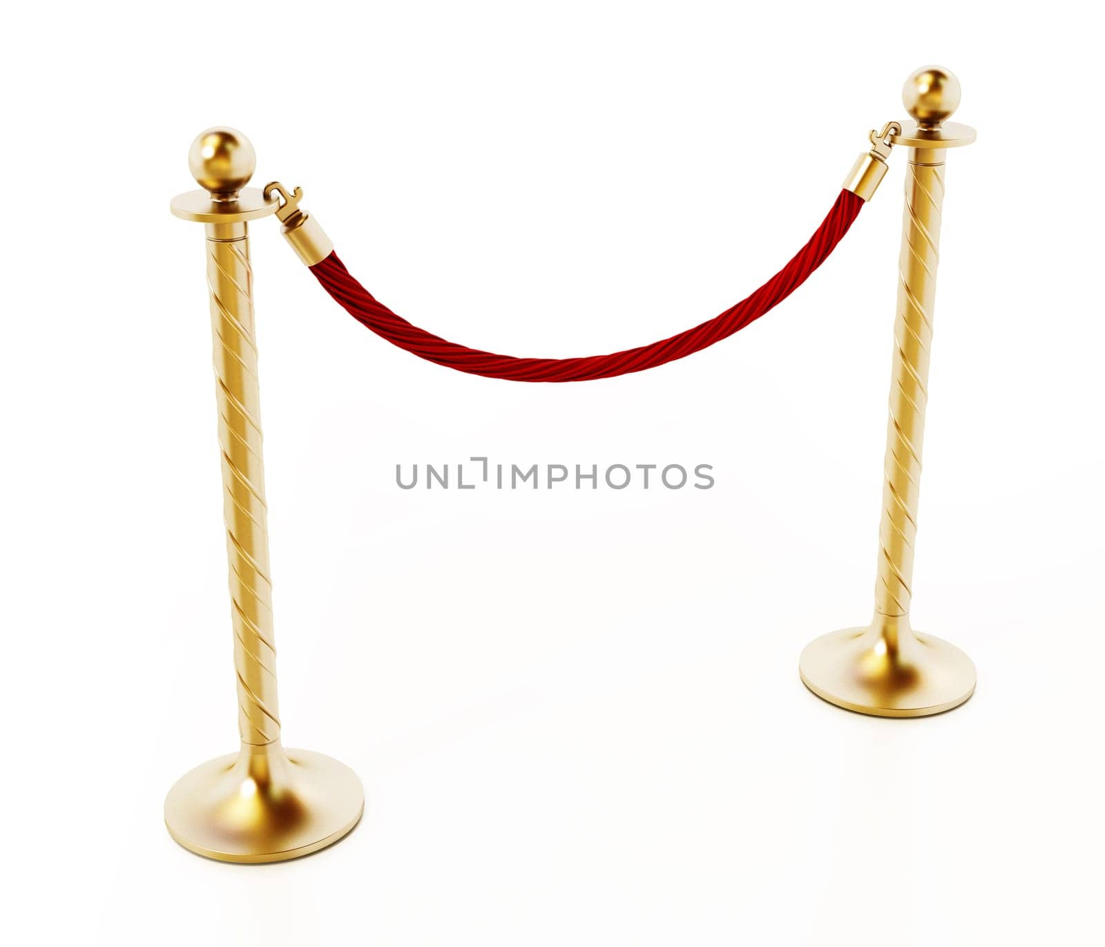Velvet rope and golden barriers isolated on white background. 3D illustration.