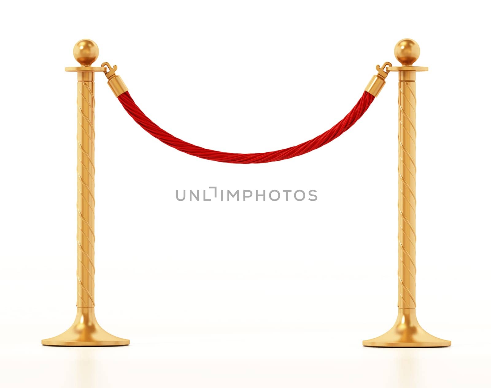 Velvet rope and golden barriers isolated on white background. 3D illustration.