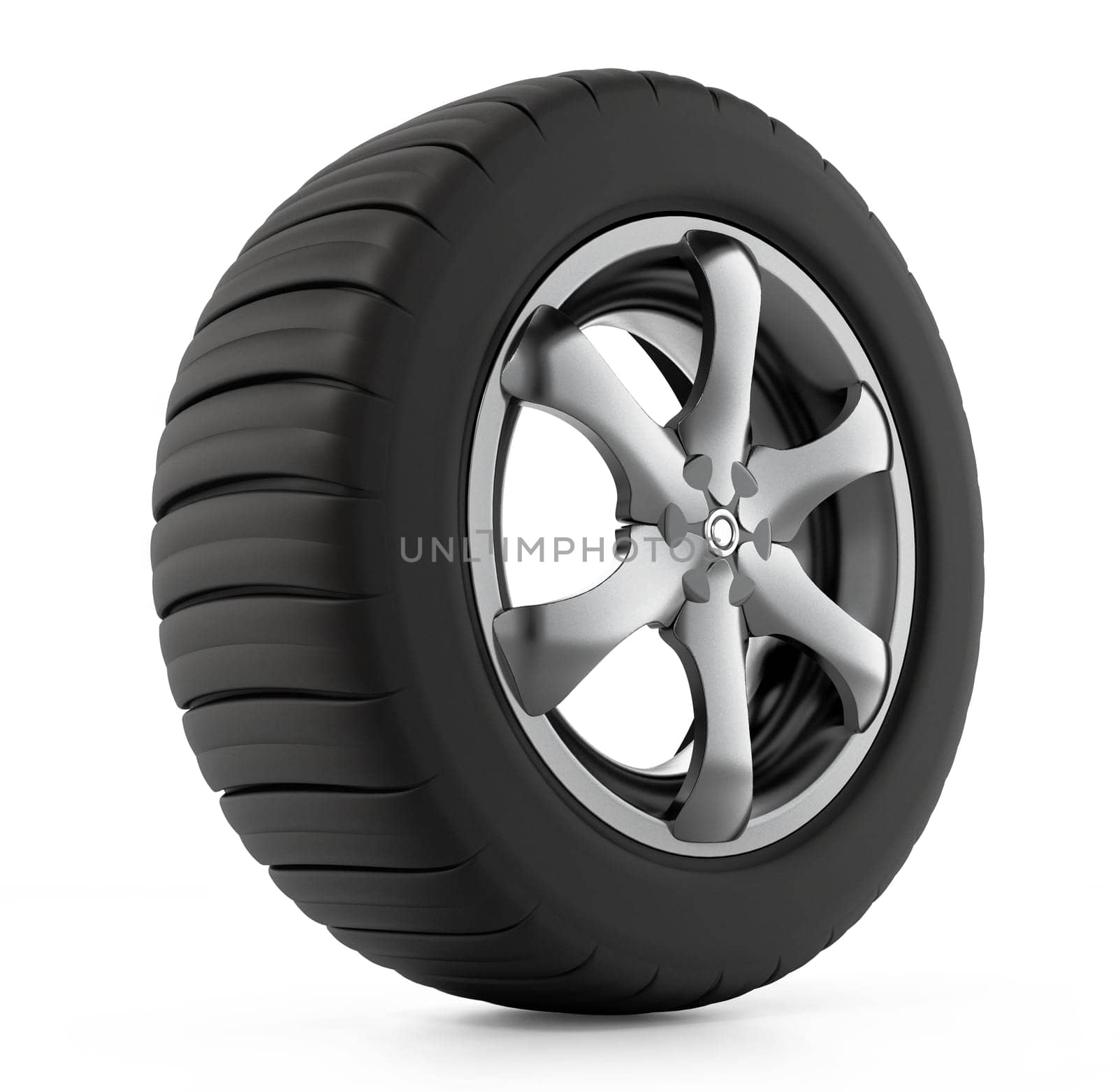 Tyre and wheel isolated on white background. 3D illustration.