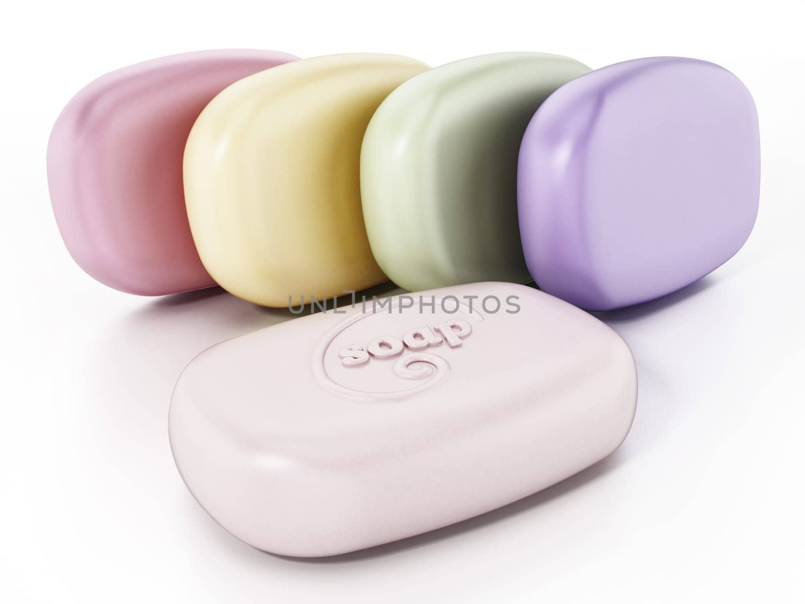 Stack of colorful generic soaps isolated on white background. 3D illustration.
