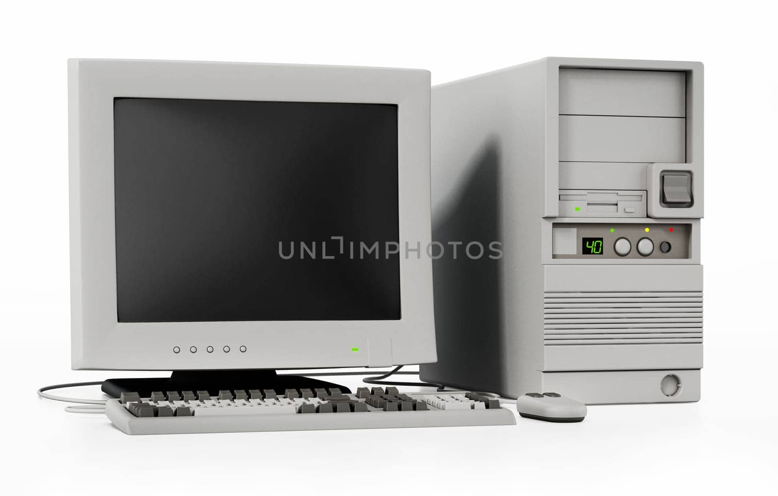 Generic vintage 90's style computer isolated on white background. 3D illustration.
