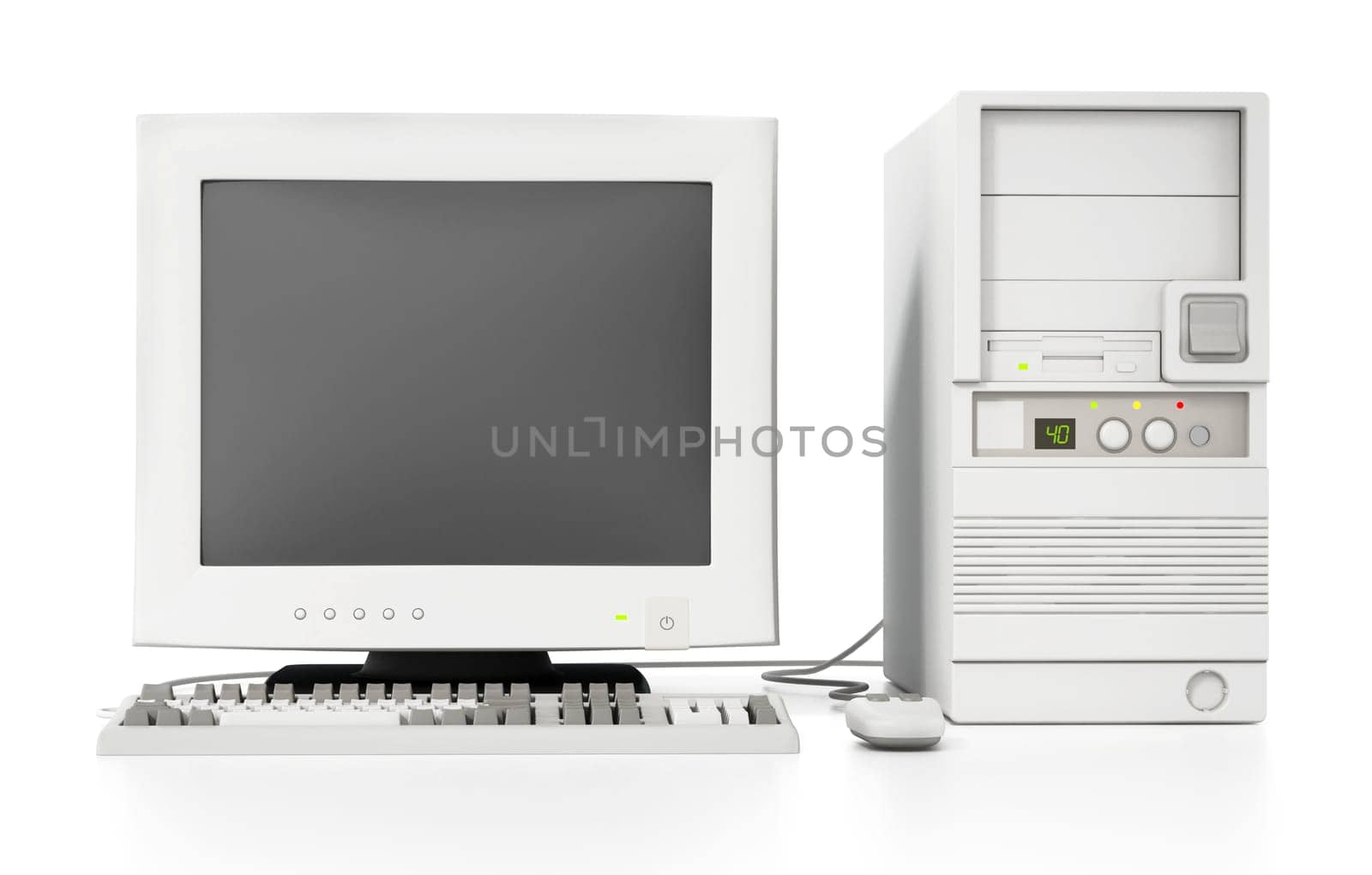 Generic vintage 90's style computer isolated on white background. 3D illustration.