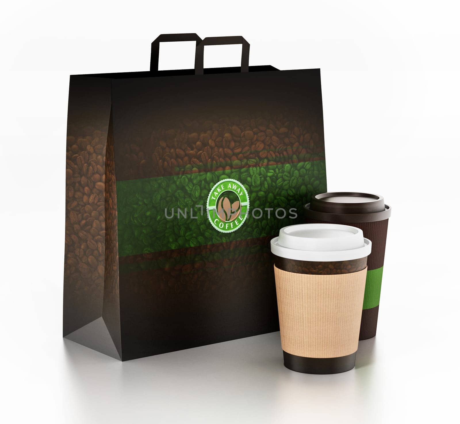 Take away coffee cup and paper bag isolated on white. 3D illustration.