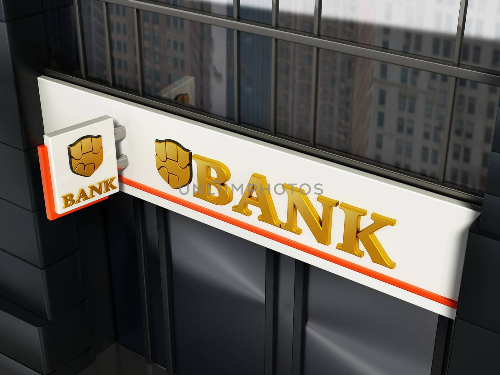 Bank signboard with fictitious logo on building exterior. 3D illustration.