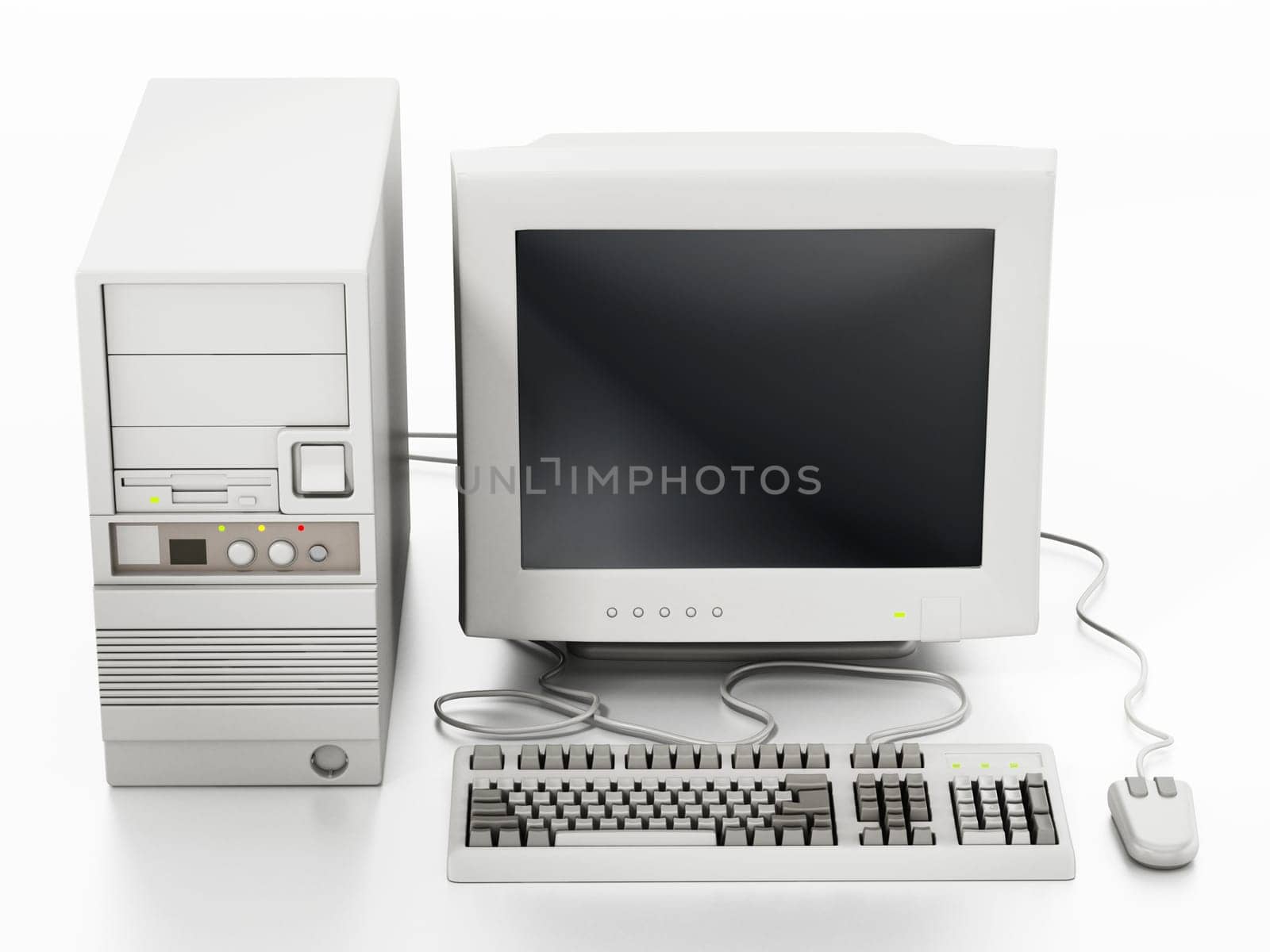 Generic vintage 90's style computer isolated on white background. 3D illustration.