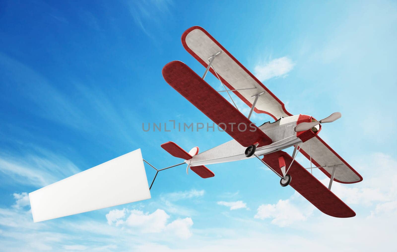 Classic airplane pulling blank white text banner. 3D illustration.