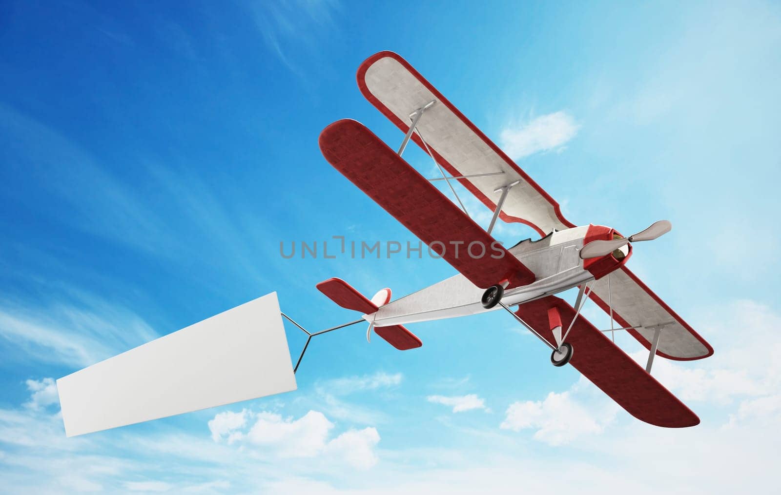 Classic airplane pulling blank white text banner. 3D illustration.