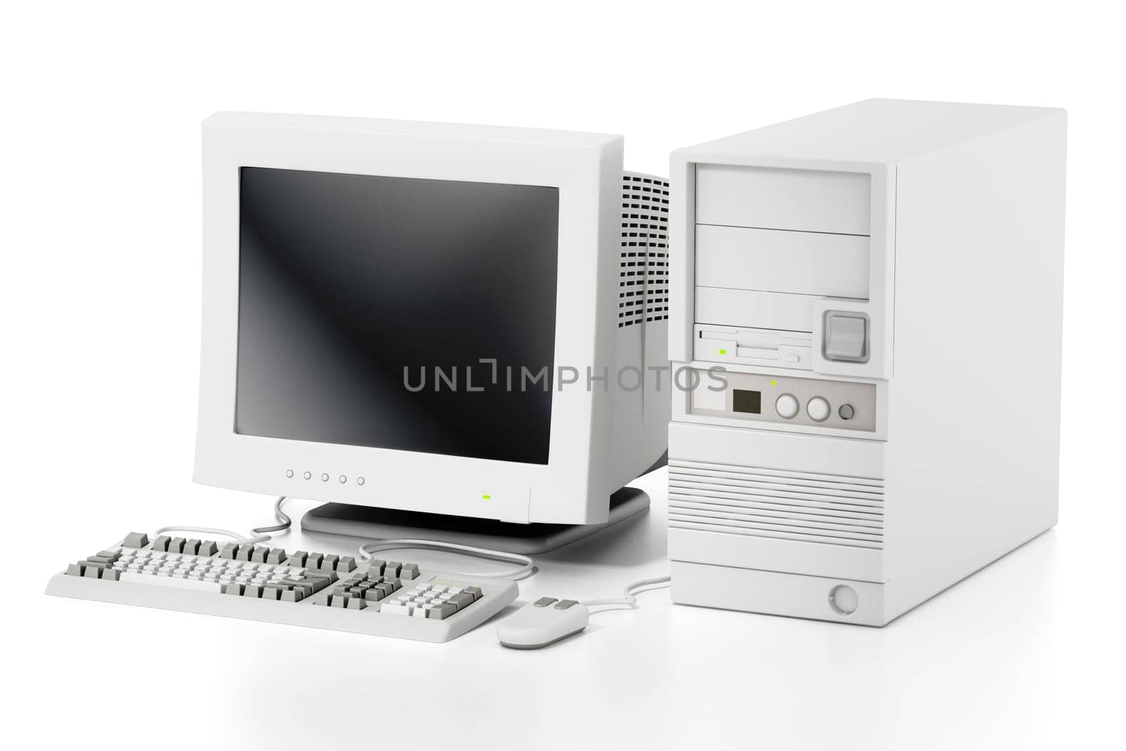 Generic vintage 90's style computer isolated on white background. 3D illustration.