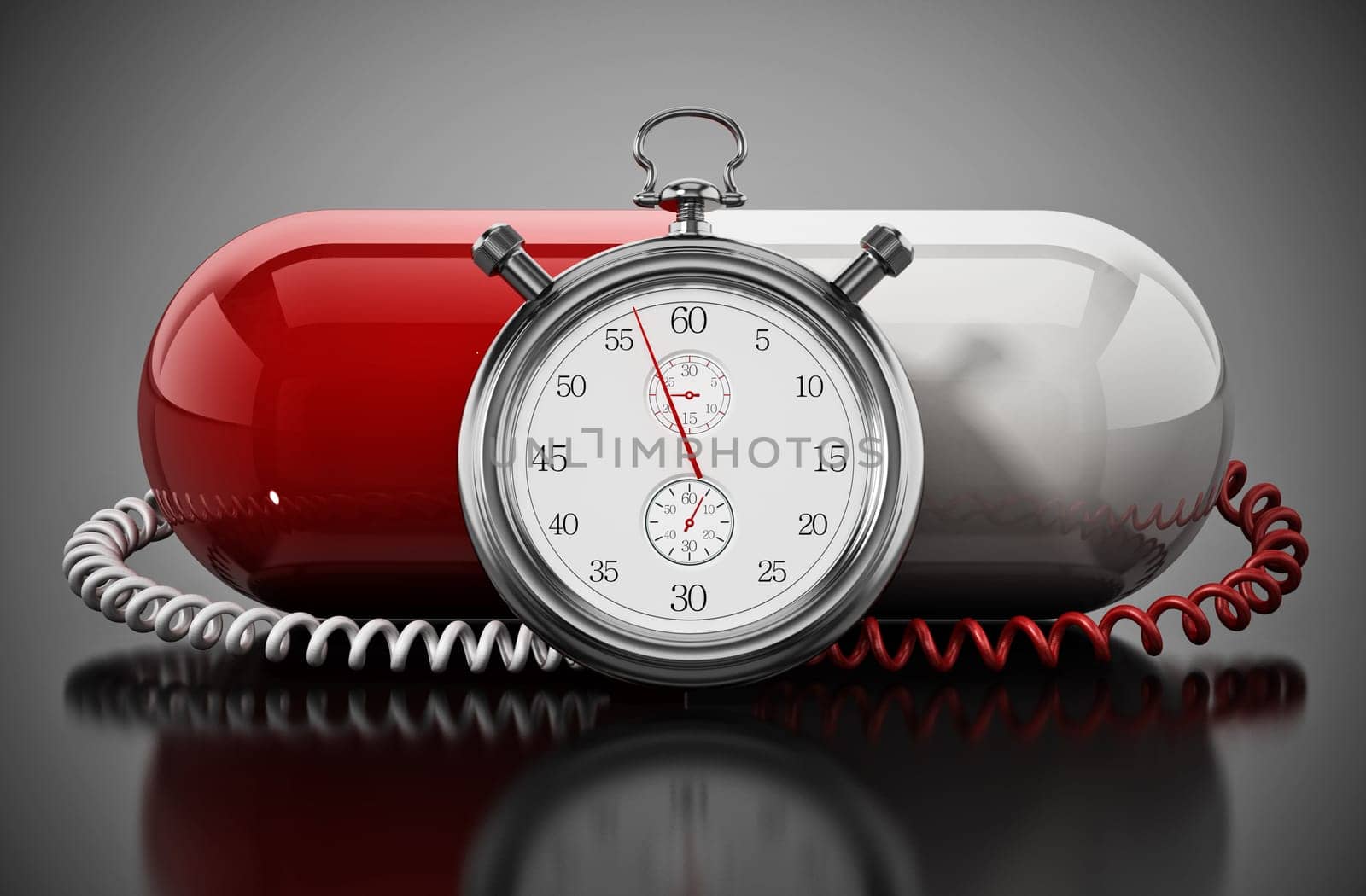 Chronometer attached to red and white capsule pill. 3D illustration.