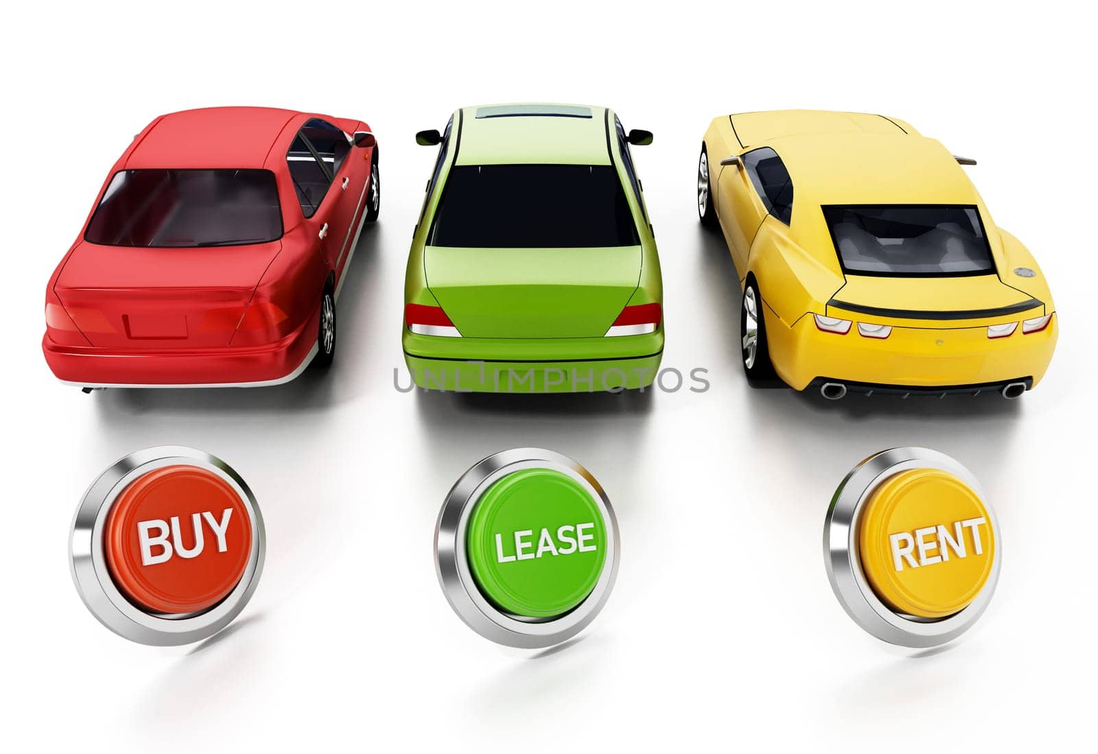 Cars and buy, rent, lease buttons isolated on white background. 3D illustration.