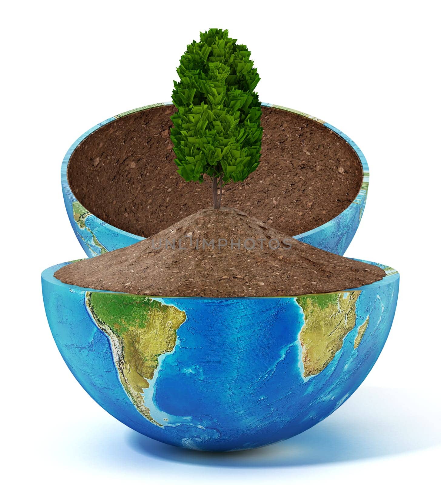 Tree growing on soil inside half open globe. 3D illustration.