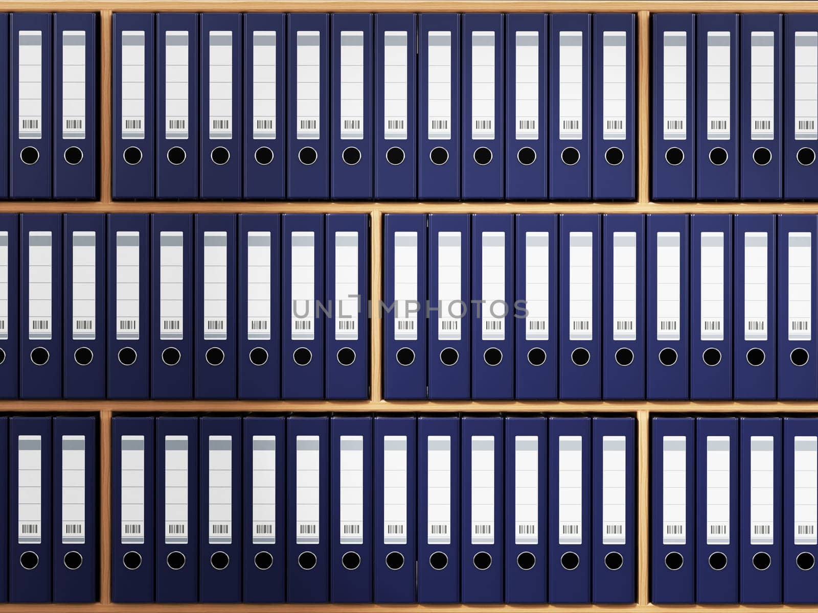 Folders arranged inside wooden shelves. 3D illustration.