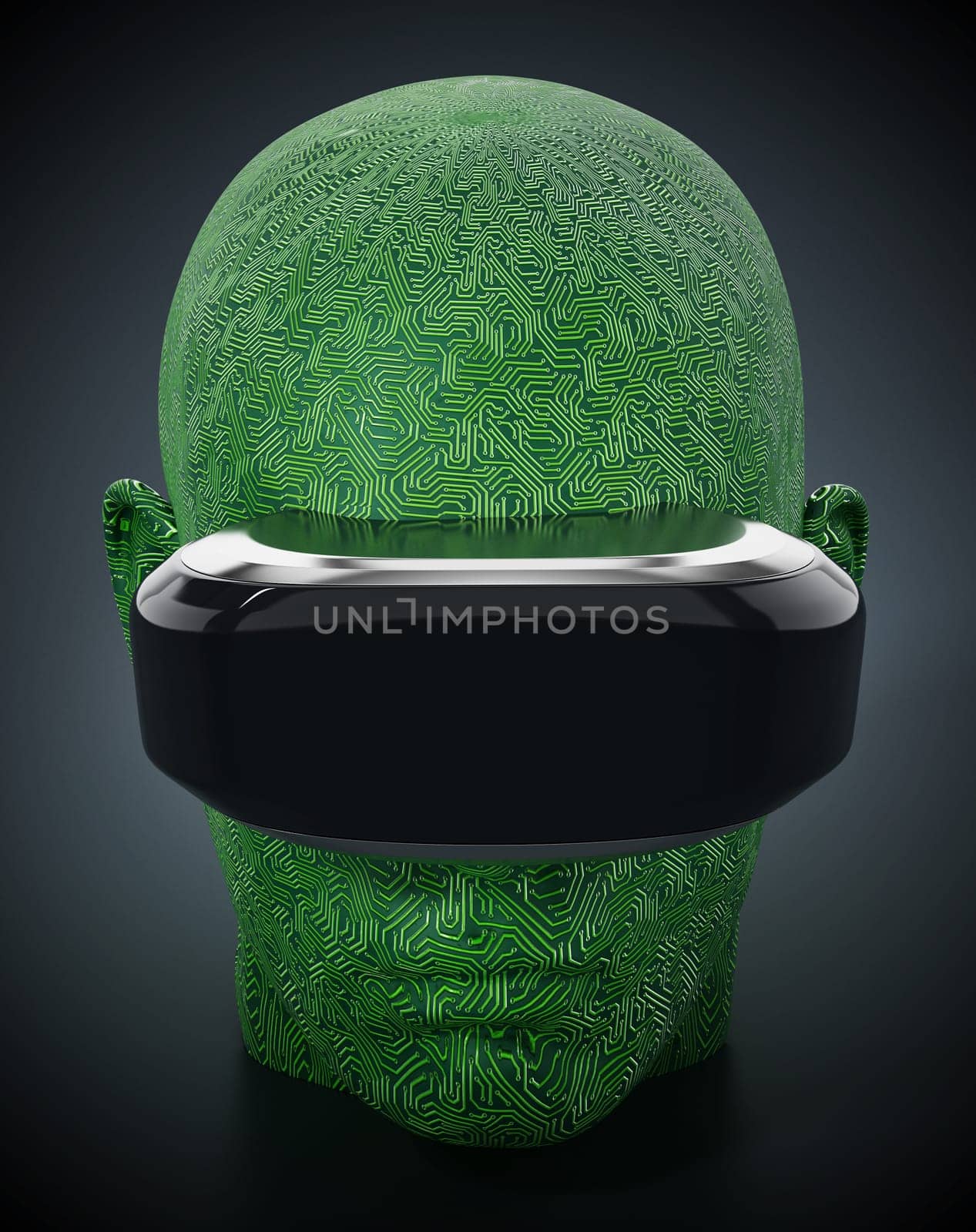 Virtual reality headset on pcb textured human face. 3D illustration.