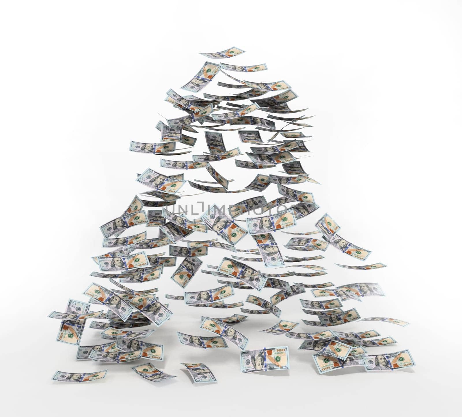 100 dollar bills falling to the ground. 3D illustration.
