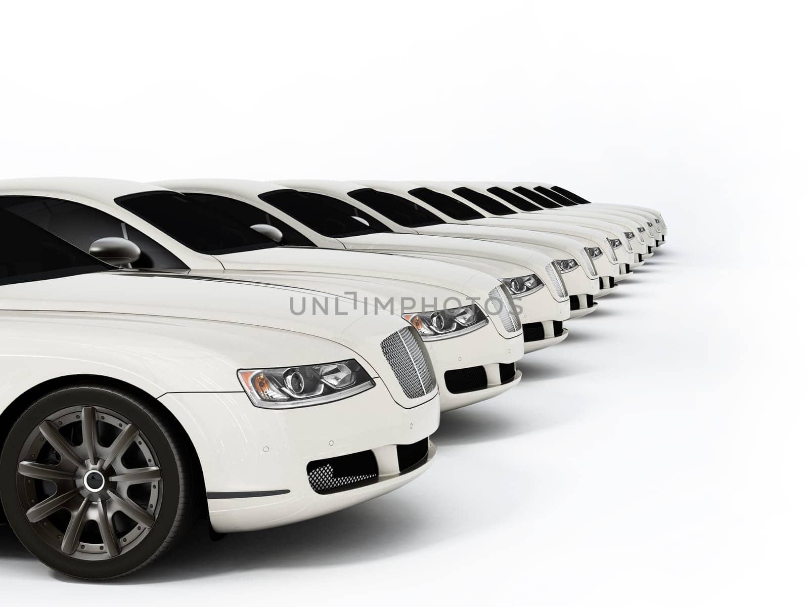 Luxury car fleet consisting of generic brandless design. 3D illustration.