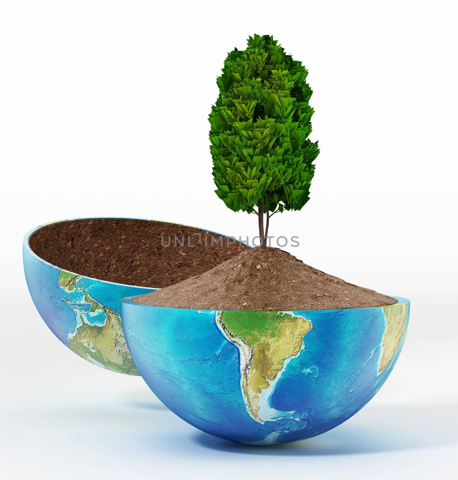 Tree growing on soil inside half open globe. 3D illustration.