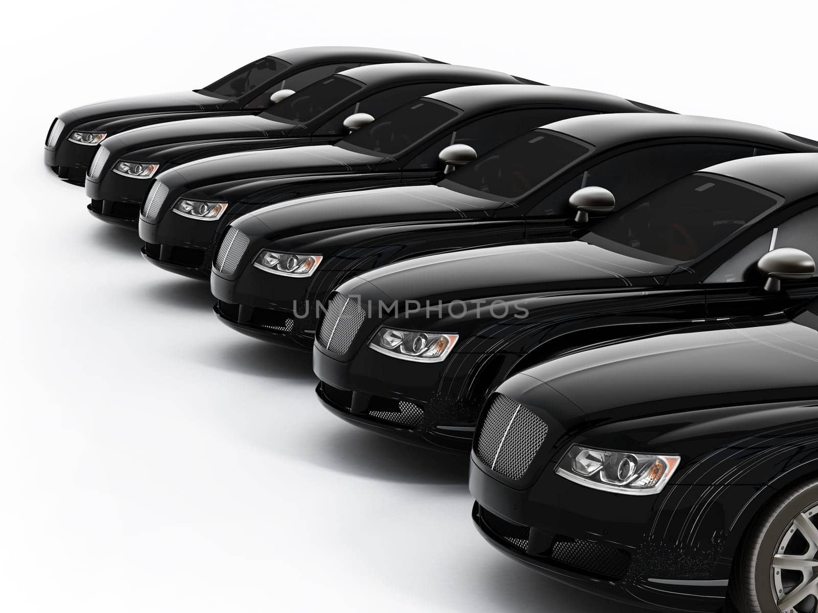 Luxury car fleet consisting of generic brandless design. 3D illustration.