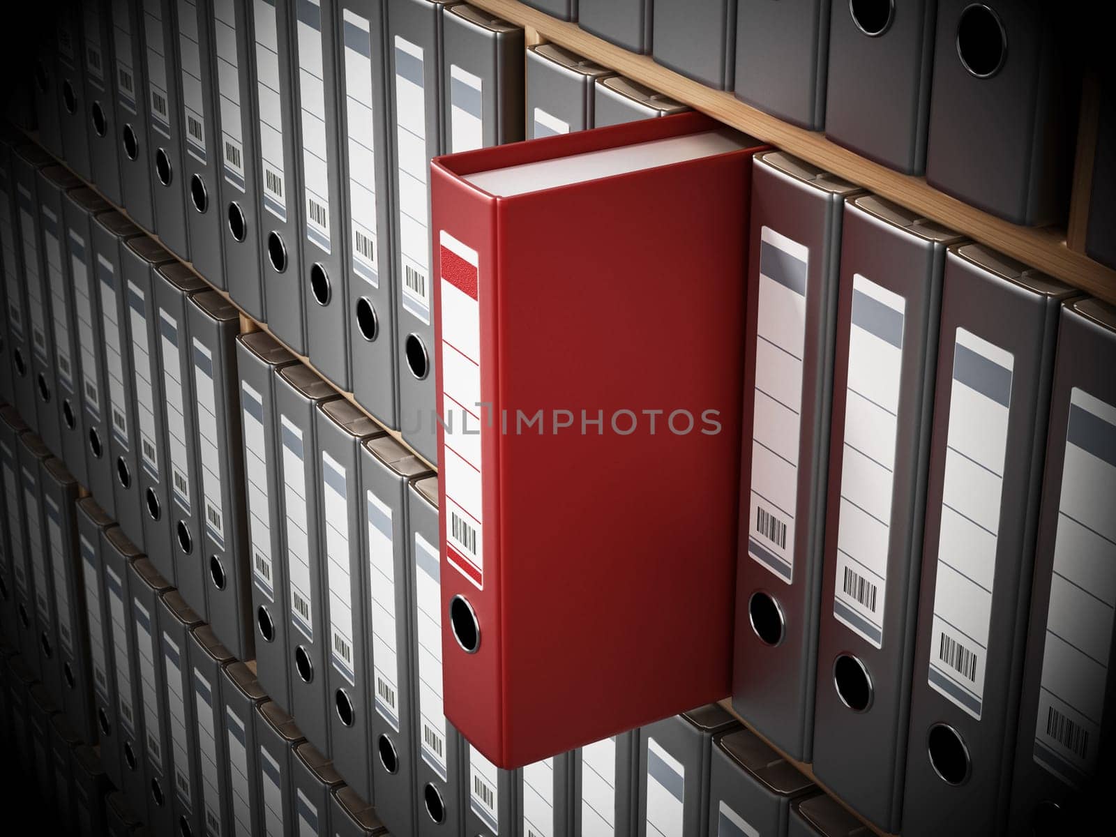 Red folder standing out among black ones inside wooden shelves. 3D illustration.