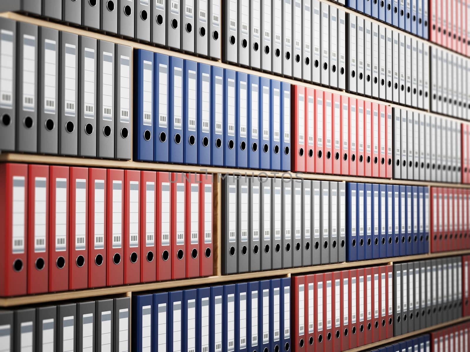 Multi colored folders arranged inside wooden shelves. 3D illustration.