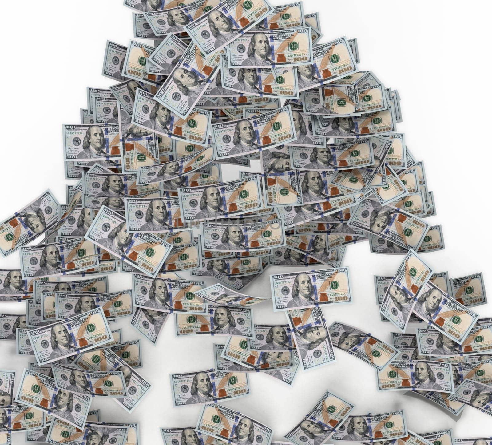 100 dollar bills falling to the ground. 3D illustration.