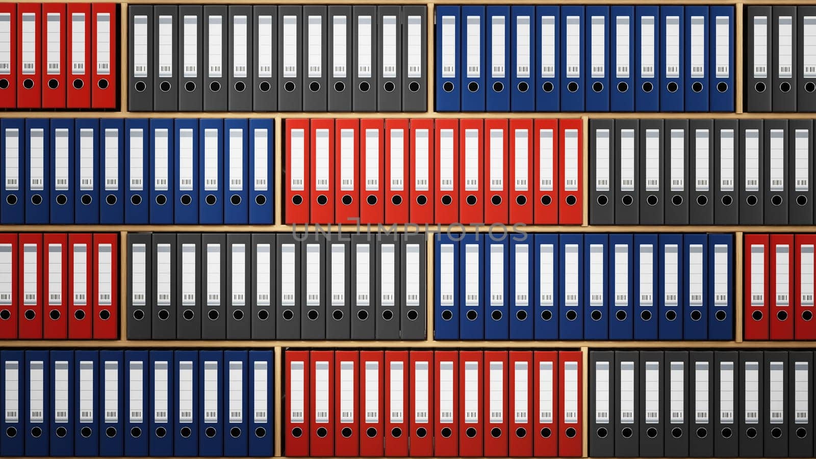 Multi colored folders arranged inside wooden shelves. 3D illustration.