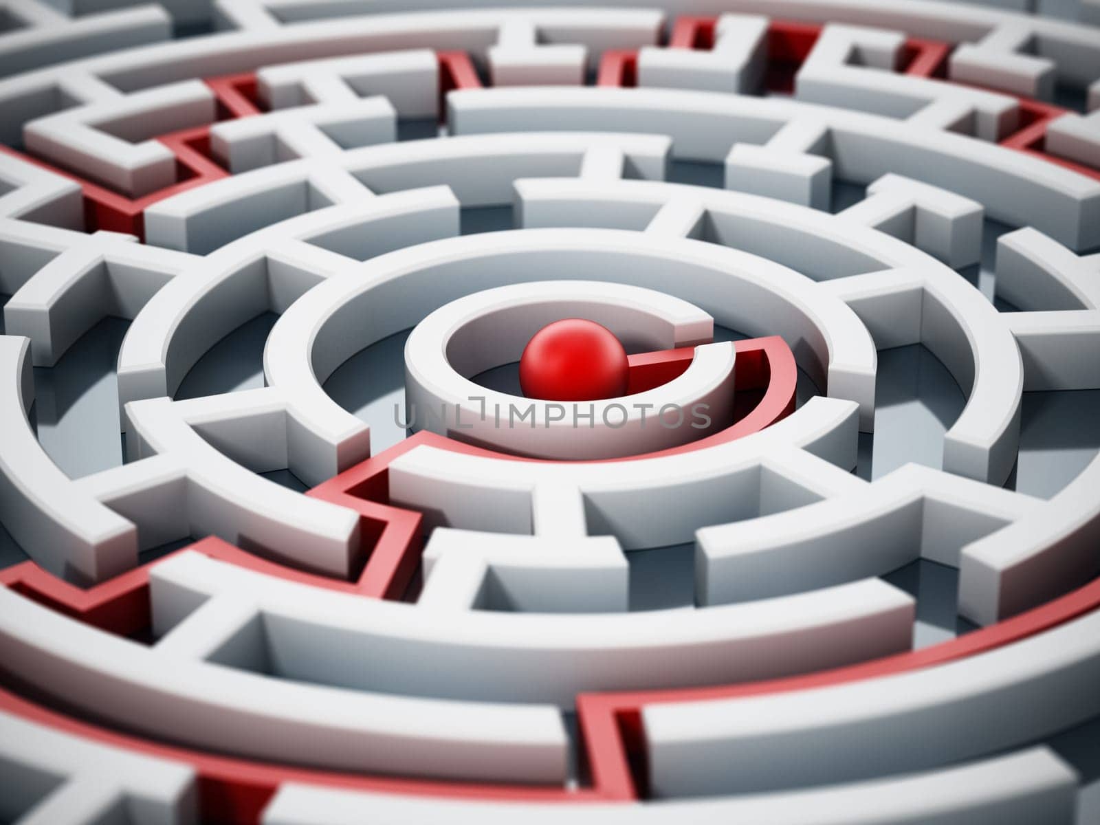 Red line leading to the center of the round maze. 3D illustration.