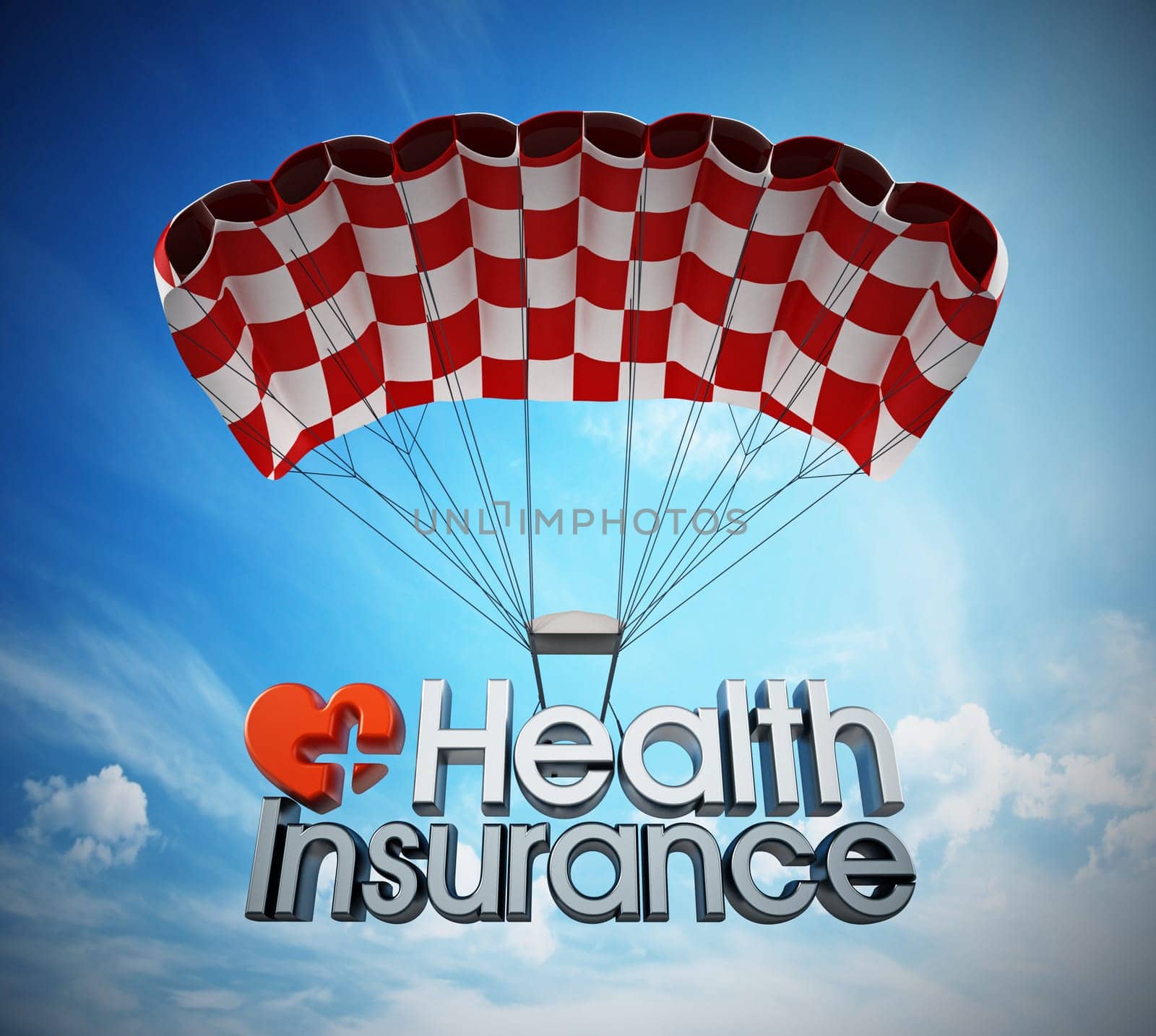 Health insurance text landing with a parachute. 3D illustration.