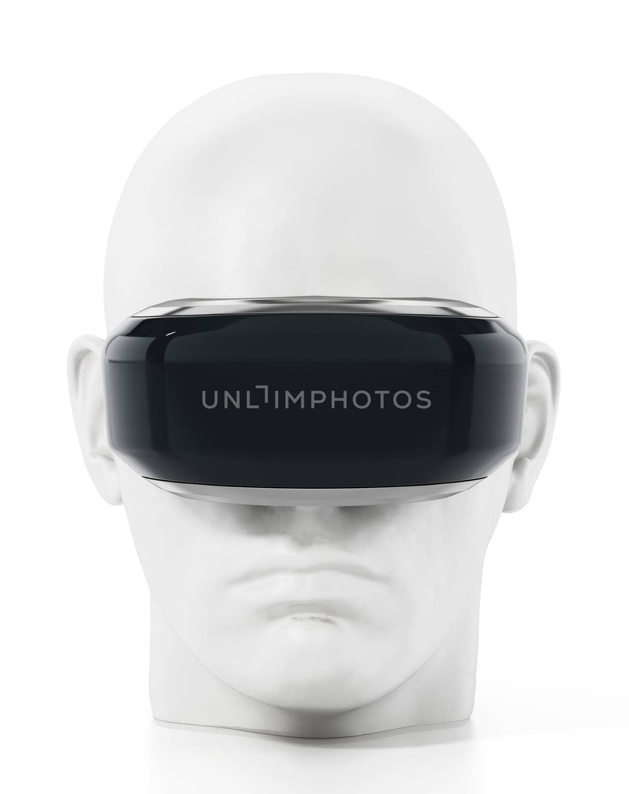 Virtual reality headset on textureless human face. 3D illustration.