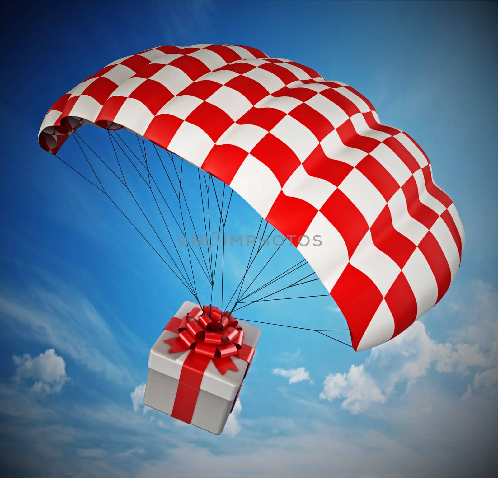 Giftbox landing with a parachute against blue sky. 3D illustration.