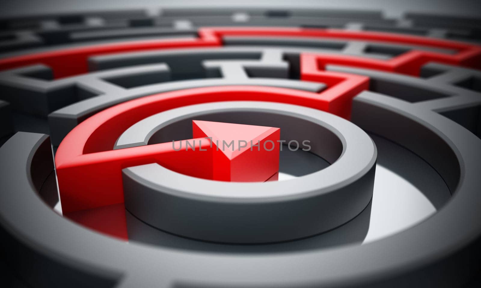 Red line leading to the center of the round maze. 3D illustration.
