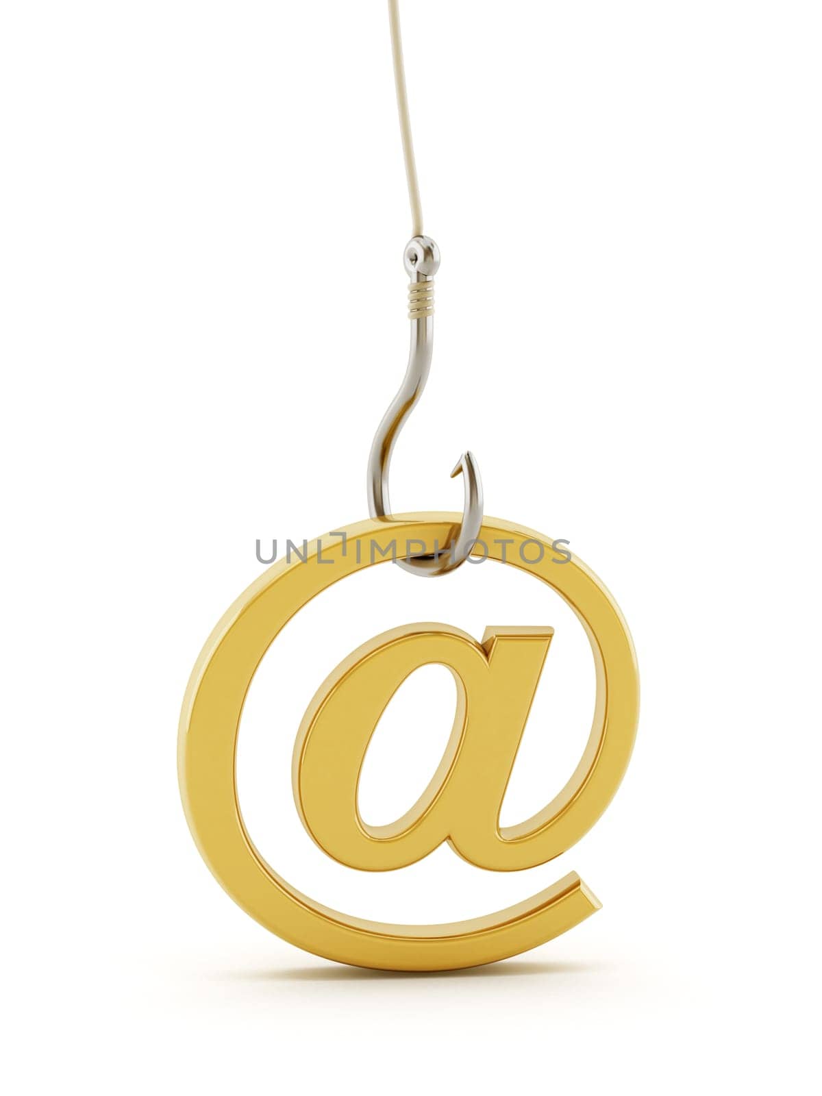 Fishing hook pulling at sign. Digital fraud and phishing concept. 3D illustration.