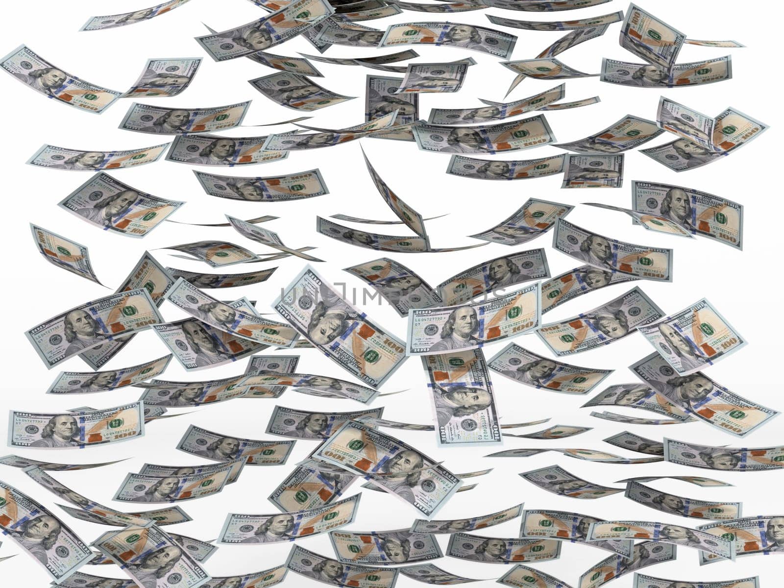 100 dollar bills falling to the ground. 3D illustration.